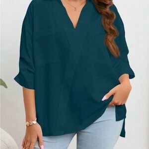 SHEIN Teal V-Neck Blouse